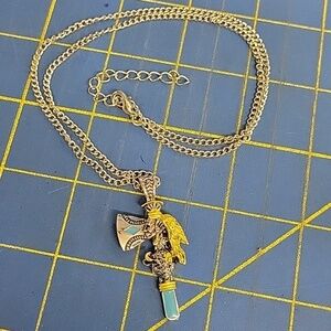 Tomahawk Indian Head Buffalo Feather Silver Tone 20" + 2" Extension Necklace